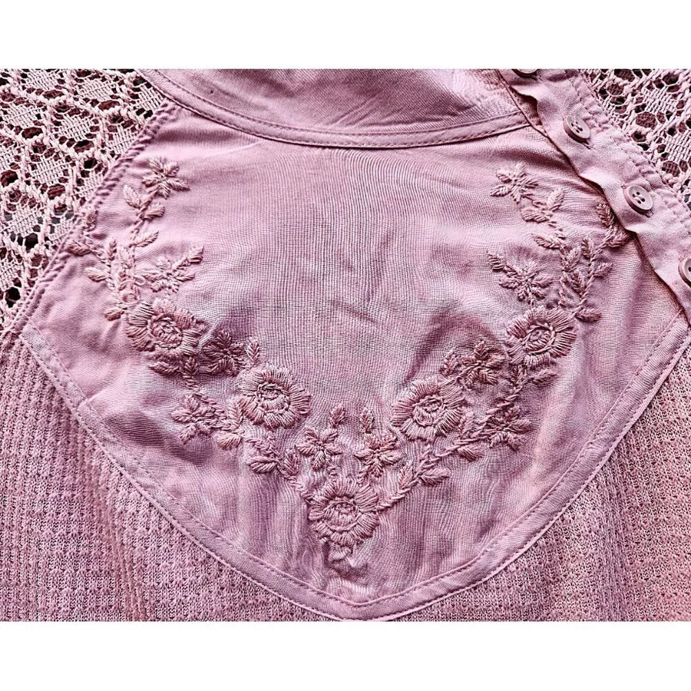 Free People Sweetest Thing Thermal Pink Blush Top Embroidery & Crochet Sz Medium - Picture 9 of 11